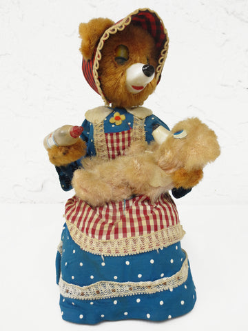 Vintage 1950's Battery Operated Tin Toy Dressed Mother Bear Feeding Milk Bottle to Baby Bear, Yonezawa Gangu Toys Tokyo, Japan