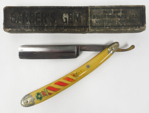 Antique Barber Straight Razor 9 1/2" Bellefontaine Barber's Gem from Montreal, Germany, Hand Painted Barber's Pole, Original Box