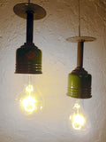 Rare Vintage Industrial Spun Metal Pendant Lights, Green Enamel Porcelain Shades