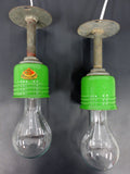 Rare Vintage Industrial Spun Metal Pendant Lights, Green Enamel Porcelain Shades