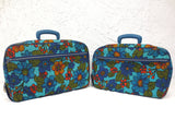 Pair of Vintage Suitcases made in Japan 18" X 12", Blue with Multicolored Flower