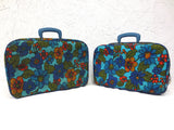 Pair of Vintage Suitcases made in Japan 18" X 12", Blue with Multicolored Flower