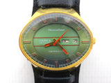 Large Vintage Chaika Automatic 23 Jewels Gold Plated Russian Men's Watch, Day Date, Pilot Leather Band, Wide 43 mm Stadium Case, Green Dial