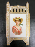 Antique Victorian Laced Wish Love Card and Picture Frame 6 X 10", Gold and Silver Standalone Triptych Screen, Lady, Angel, Cherub, Rose