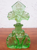 Vintage Art Deco Uranium Vaseline Green Glass Perfume Bottle 4 1/2", Clover Flower Shape, Glow in The Dark