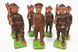 7 WWII Vintage Toy English Soldiers Bisque Porcelain Figurines 3 3/4", Officer with Sword and his Troops