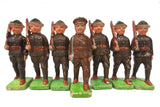 7 WWII Vintage Toy English Soldiers Bisque Porcelain Figurines 3 3/4", Officer with Sword and his Troops