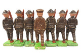 7 WWII Vintage Toy English Soldiers Bisque Porcelain Figurines 3 3/4", Officer with Sword and his Troops