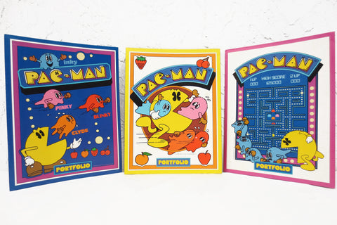 3 Vintage 1980's Pac-Man Pacman Midway Portfolios Folders 9X12", New Old Stock NOS, Never Used