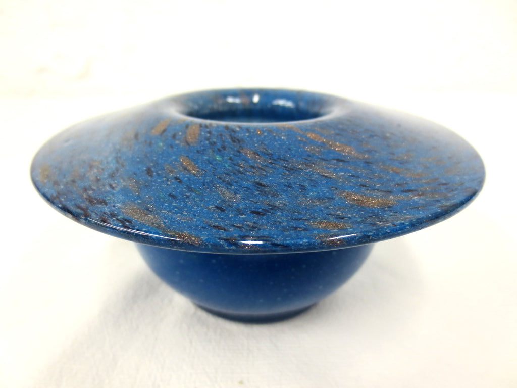 Vintage Vasart Monart Scotland Glass Bowl Vase, Aventurine, Blue, Signed